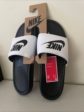 Nike Benassi JDI White and Black Slide Sandals